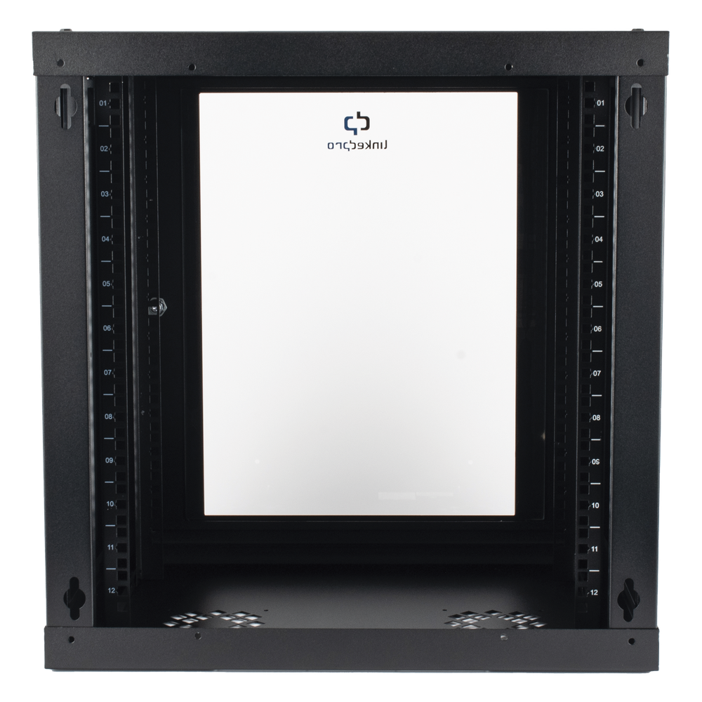 Gabinete de Pared de 12U con Puerta de Cristal Templado, 455 mm de Profundidad, Rack de 19'', Acero Reforzado Color Negro.