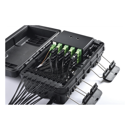 Caja de Distribución de Fibra Óptica para 24 Empalmes, con 16 acopladores SC/APC simplex, Exterior IP65, Color Negro