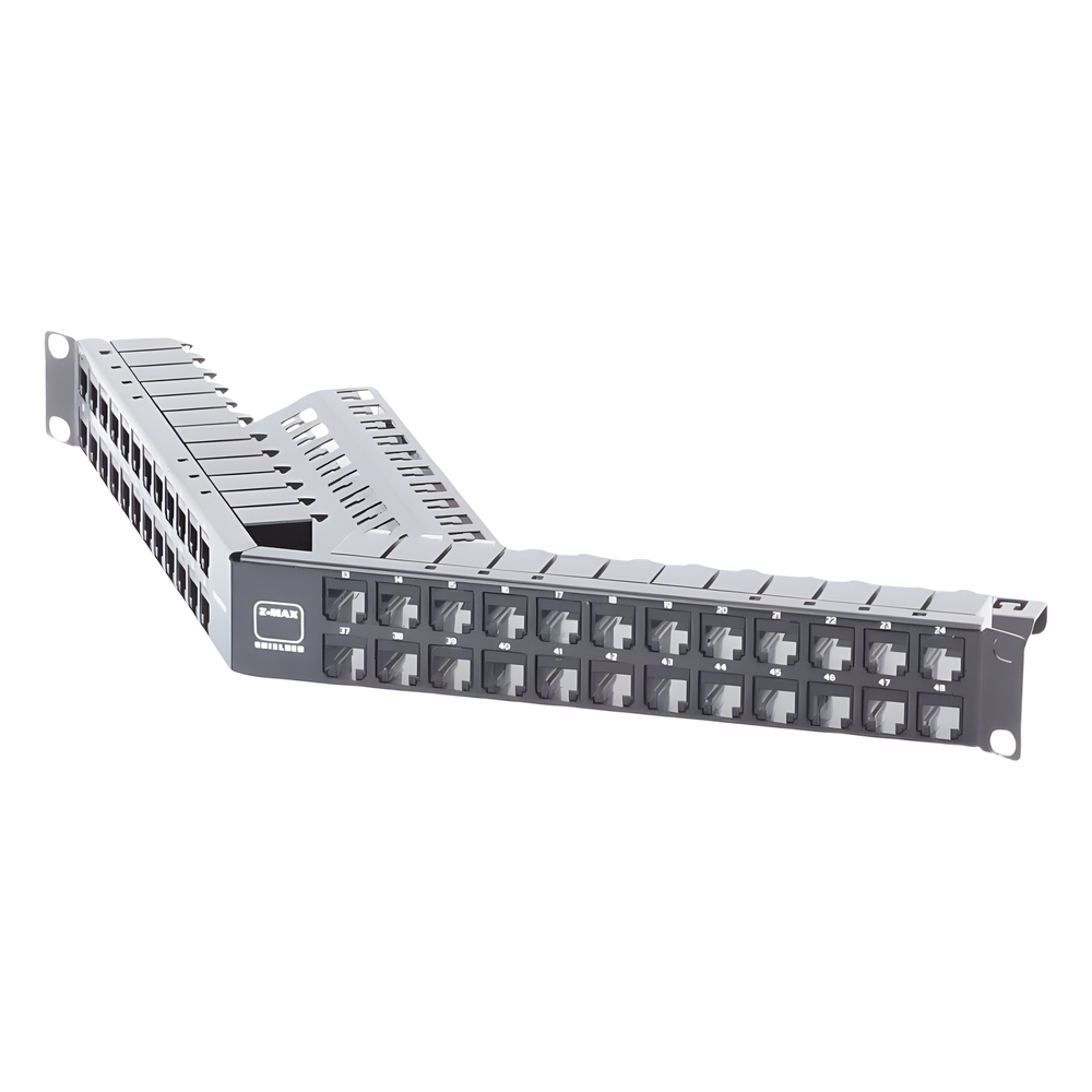 Patch Panel Z-Max de 48 Puertos, Blindado, Precargado con Jacks Categoría 6A, Angulado, 1UR