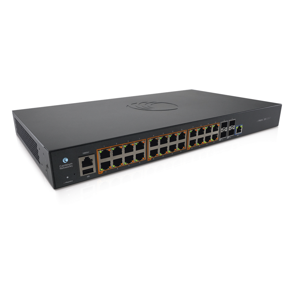 Switch cnMatrix EX2028-P capa 3 de 28 puertos (24 PoE Gigabit 802.3af/at, 4 SFP+) administración cnMaestro On-Premises (MX-EX2028PxB-U)