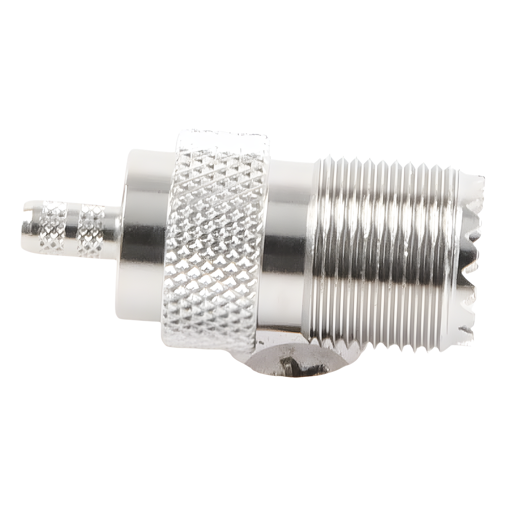 Conector UHF Hembra (SO-239) en Línea, de Anillo Plegable para Cable RG-58/U, RG-142/U, Níquel/ Plata/ Delrin
