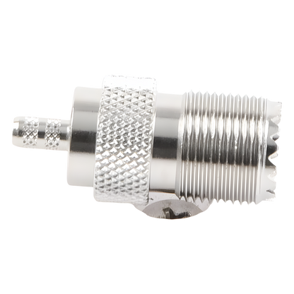 Conector UHF Hembra (SO-239) en Línea, de Anillo Plegable para Cable RG-58/U, RG-142/U, Níquel/ Plata/ Delrin