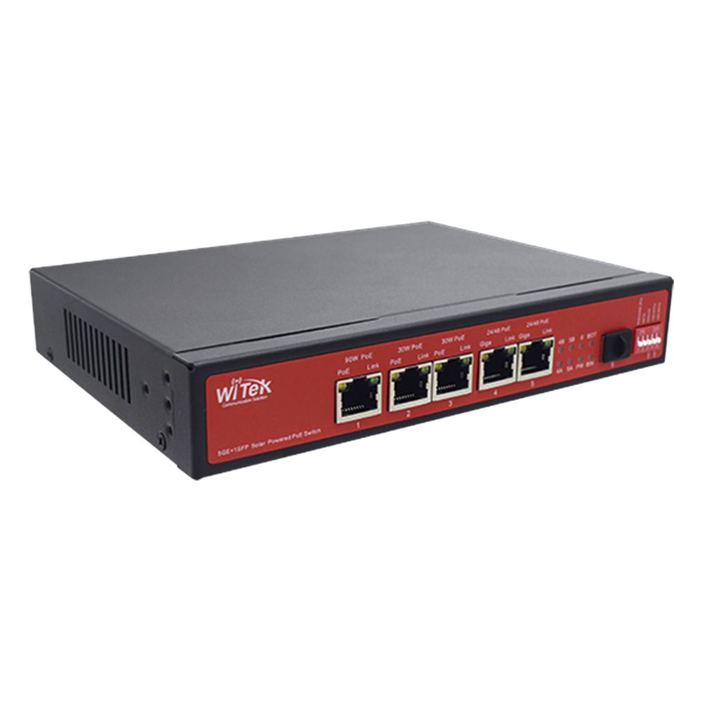 Controlador Solar de 15A con Switch PoE / 1 Puerto Gigabit PoE 802.3 bt / 2 Puertos PoE 802.3 af/at / 2 Puertos PoE Pasivo 24/48 Vcc / 1 Puerto SFP