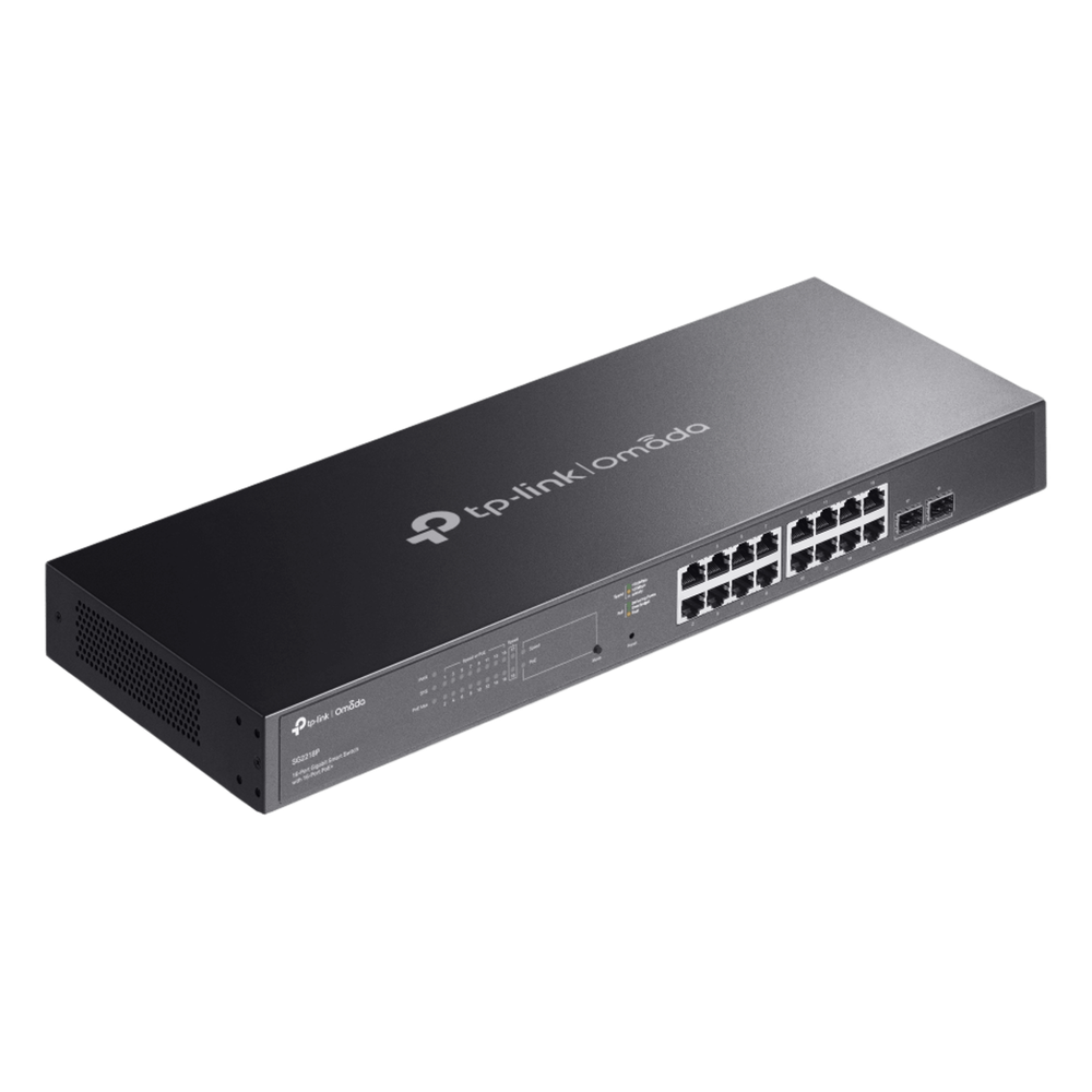 Switch Smart Omada 18 Puertos Gigabit / 16 Puertos PoE+ 802.3af/at / 2 Ranuras SFP Gigabit / Presupuesto PoE 150 W / Switching 36 Gbps / Enrutamiento