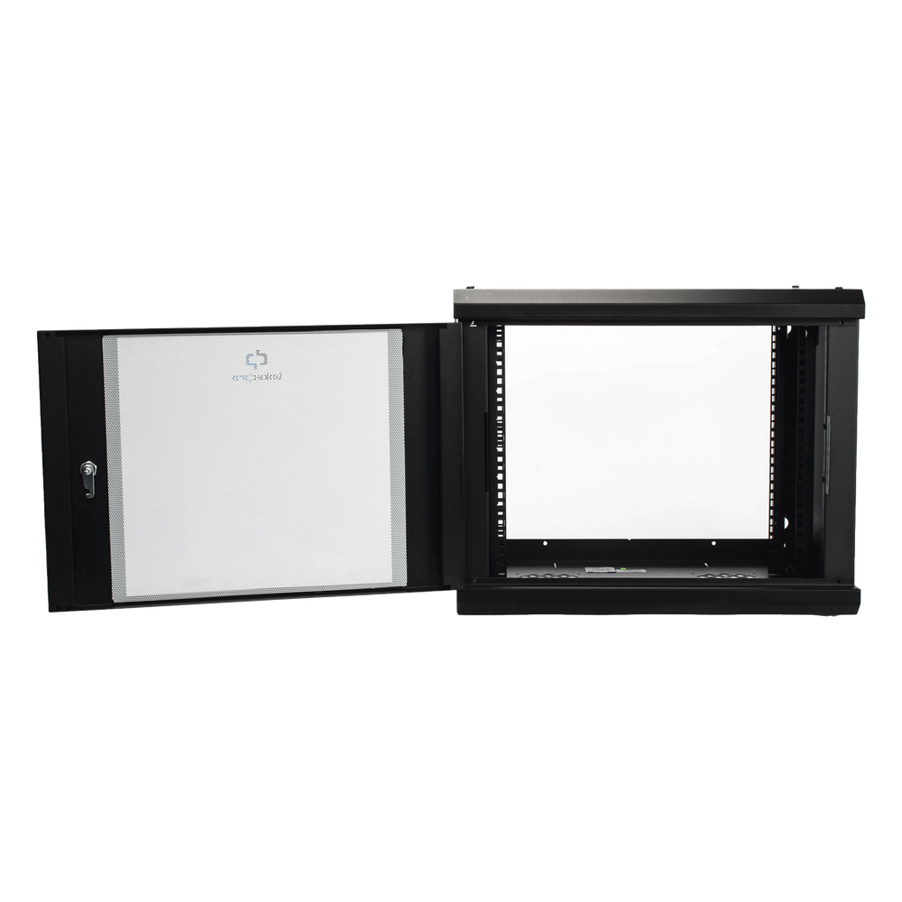 Gabinete de Pared de 9U con Puerta de Cristal Templado, 455 mm de Profundidad, Rack de 19'', Acero Reforzado Color Negro.
