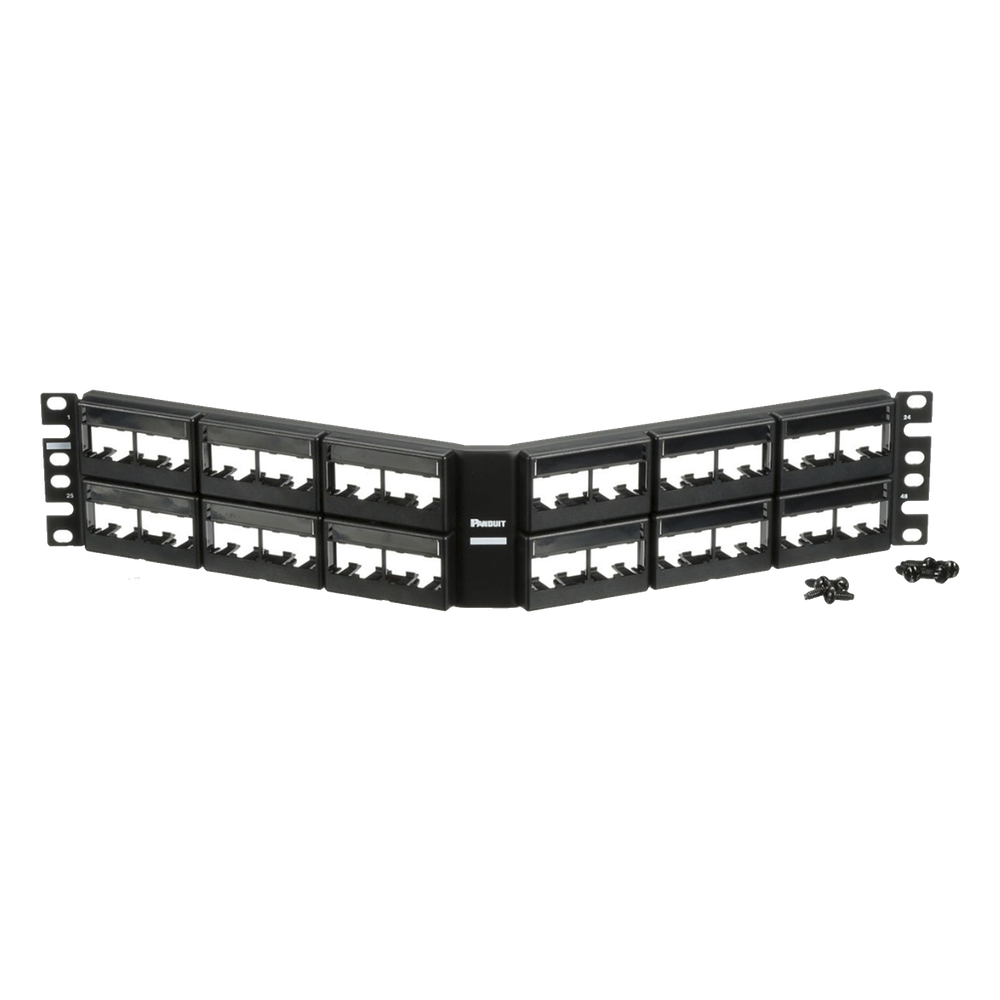 Panel de Parcheo Modular Mini-Com (Sin Conectores), Angulado, Sin Blindaje, Con Etiqueta y Cubierta, de 48 Puertos, 2UR