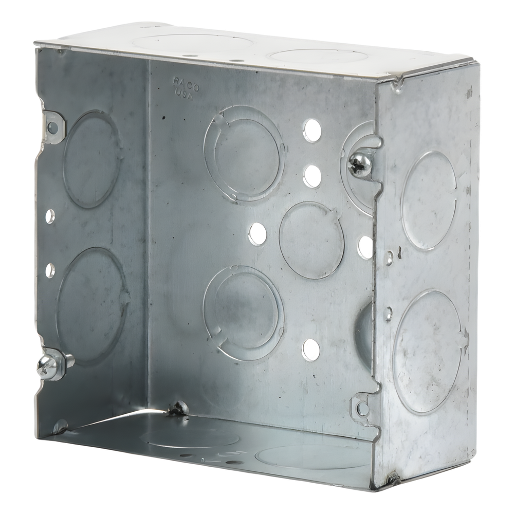 Caja Cuadrada 4 11/16" x 4 11/16"/ Profundidad 2- 1/8"/ 4 Entradas 1", 4 Entradas 3/4", 1 Entrada 1/2" y 3 TKO (1/2"-3/4").