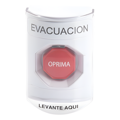 Botón de Evacuación, Texto en Español, Tapa Protectora de Policarbonato Súper Resistente, Restablecimiento con Llave
