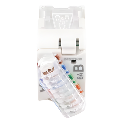 Jack Ultramax Cat6A, UTP, Montaje Híbrido en Placa de Pared (Plano y Angulado), Color Blanco, Punch Down
