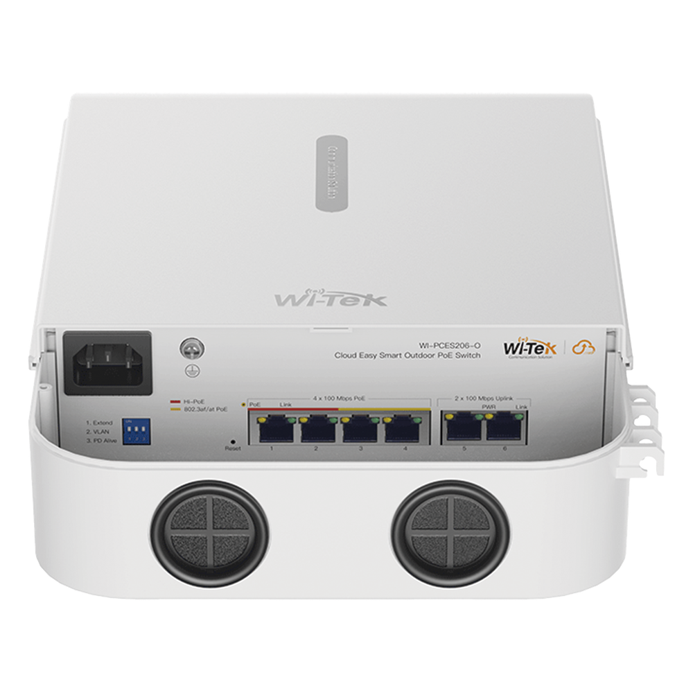 Switch PoE para exterior / Administración en la nube / Con 4 puertos 10/100 Mbps PoE af/at / 2 Puertos Uplink 10/100 MBPS / Presupuesto 60 W / PoE
