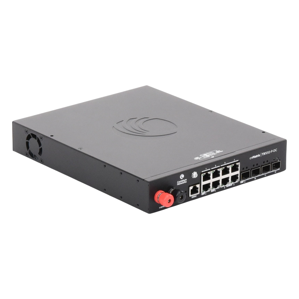 Switch cnMatrix WISP TX1012-DC-P de 8 puertos PoE y 4 SFP+, 170 W PoE Budget, Capa 2, gestión cnMaestro On-Premises, para corriente directa