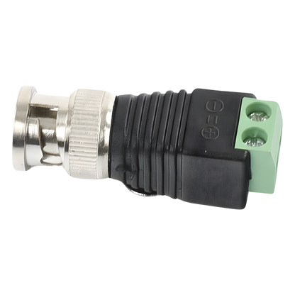 Adaptador de conector BNC macho a 2 terminales-tornillo para cables AWG-26-14, en aplicaciones Video Vigilancia, Níquel/ Oro/ PTFE y PVC.
