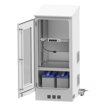 Gabinete de Piso para Exterior con Ventiladores y Termostato con Rack de 19" de 16 U + Espacio para Baterías, Se envía el Gabinete Armado.