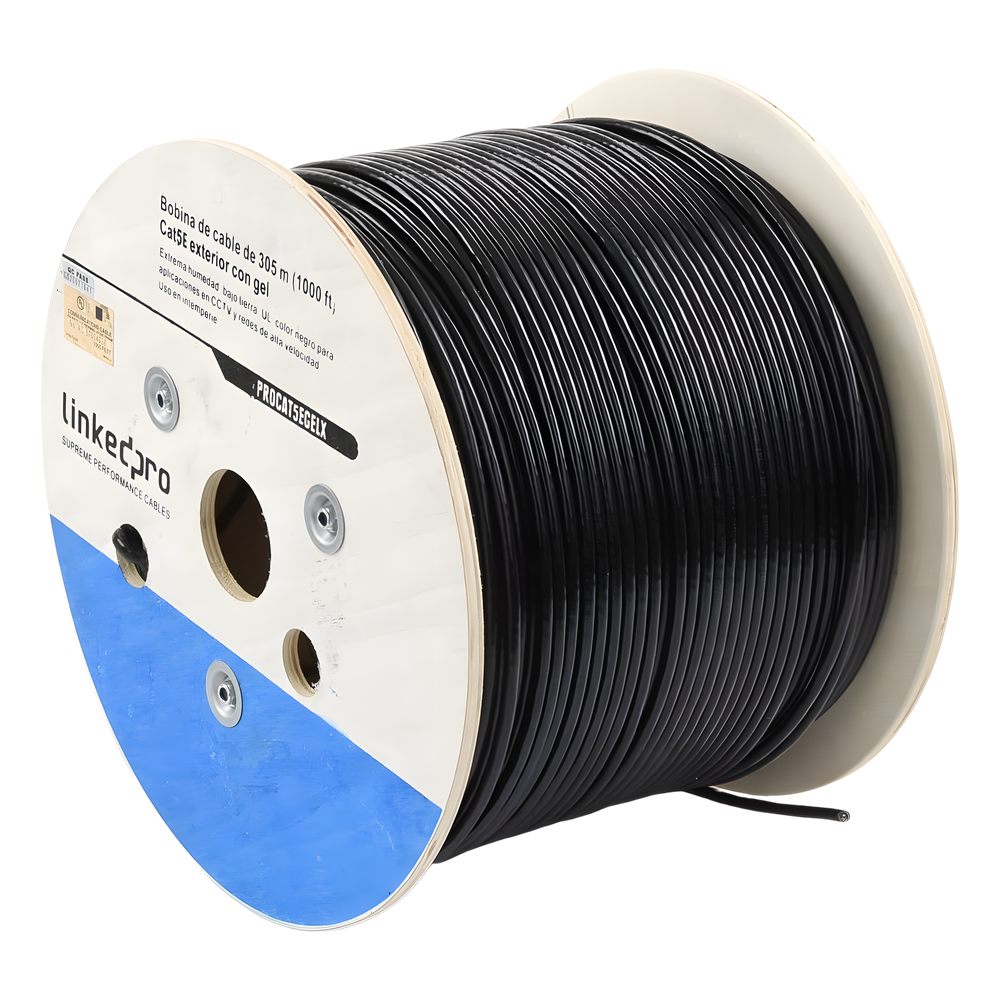 Bobina de Cable de 305 Metros (1000 Pies), Cat5E, con Gel, para Intemperie, Doble Forro Extrema Humedad, Bajo Tierra, UL, Color Negro para