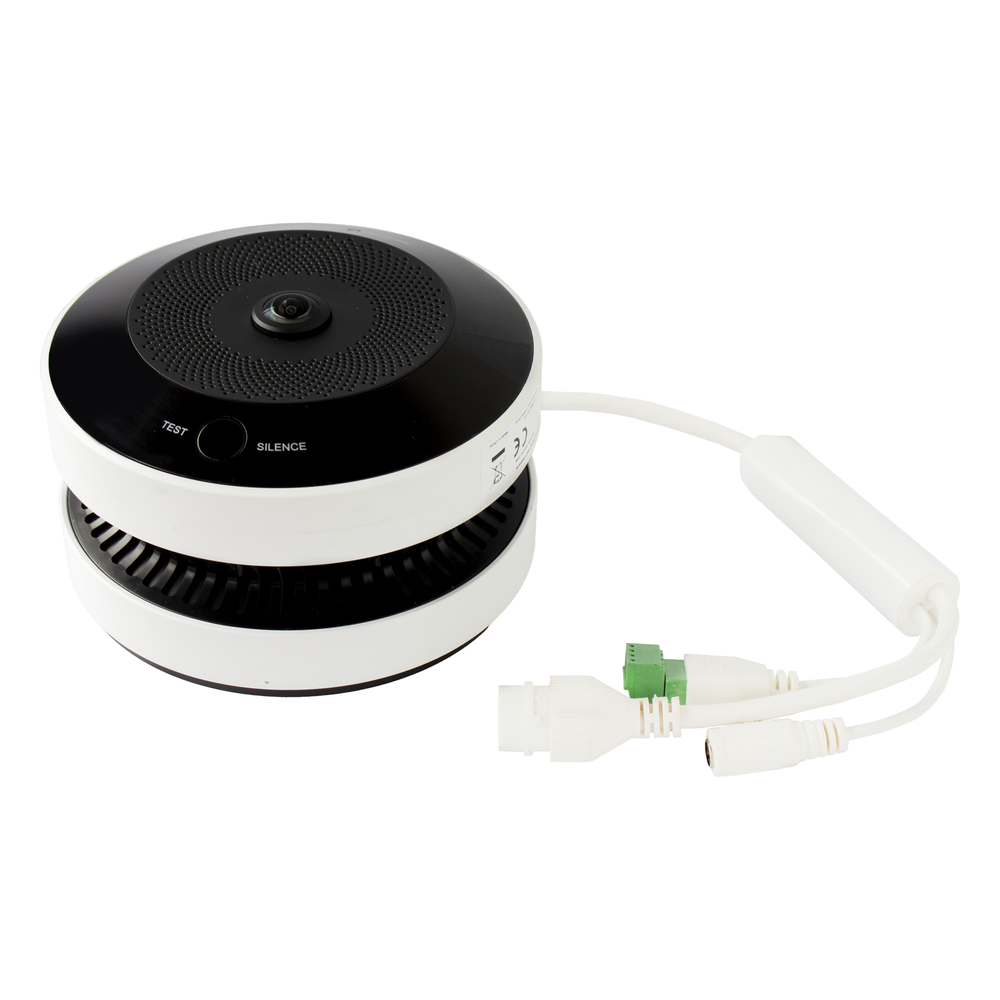 (HikFire) Mini Fisheye IP 4 Megapixel con Detector de Humo Puntual / Autónomo / Entrada y Salida de Alarma / 15 mts IR / PoE / WDR 120 dB / Alarma de