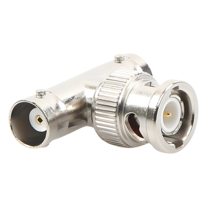 Adaptador en T para 50 Ohm de BNC Macho a Doble BNC Hembra, Troquelado, Níquel/ Oro/ Delrin