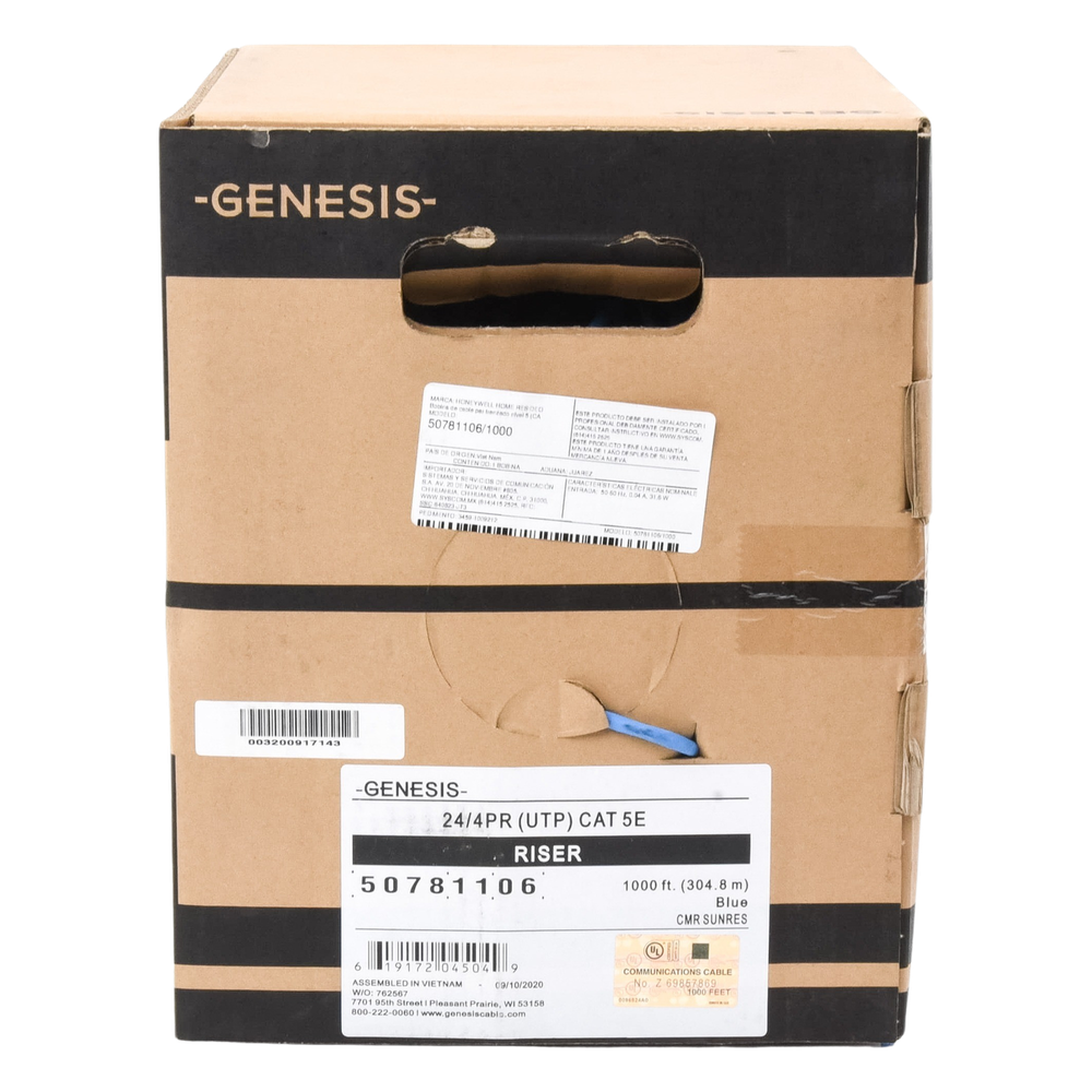 Bobina de 305 Metros (1000 Pies) Cable Par Trenzado Nivel 5 (CAT 5e) / CMR / Color Azul / 4 Pares de Conductores Sólidos de Cobre AWG 24 / Para