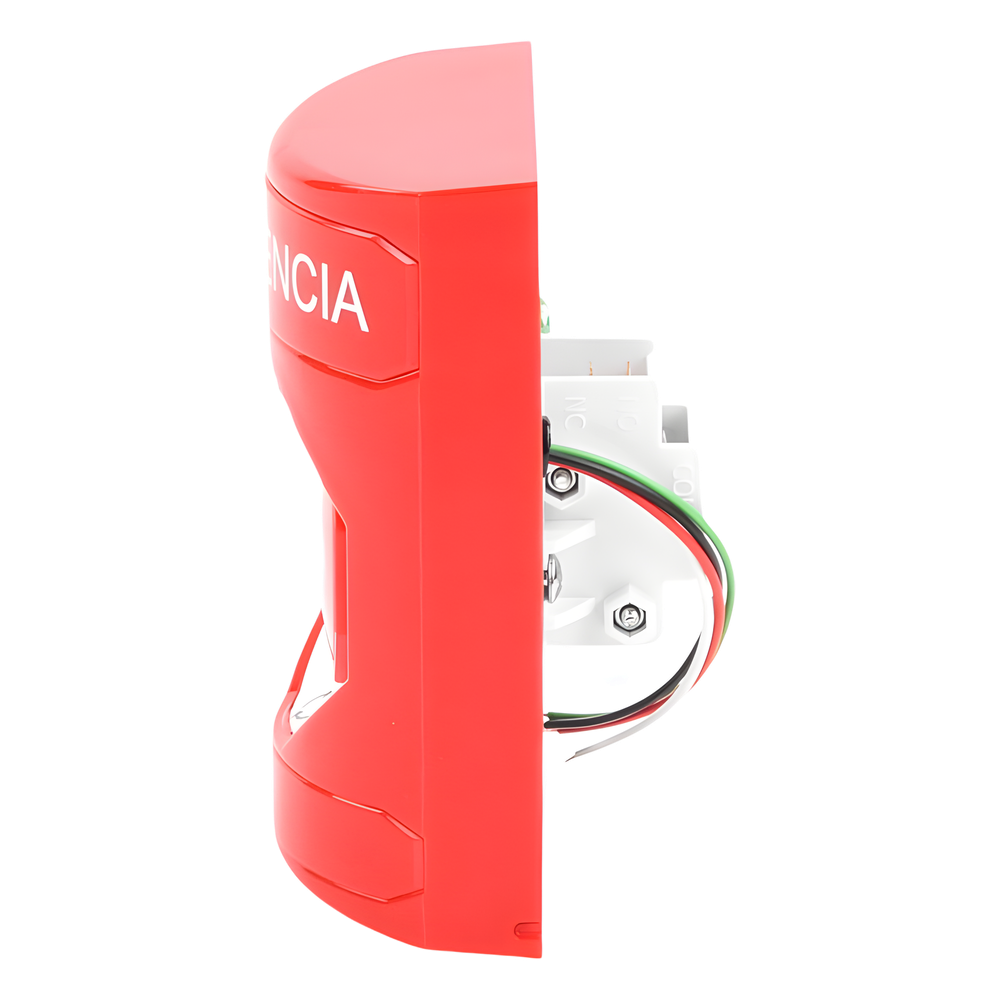 Botón de Emergencia, Texto en Español, Color Rojo, Acción Mantenida, Girar para Restablecer y LED Multicolor