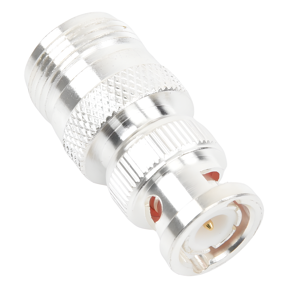 Adaptador en Linea para 50 Ohm, de Conector N Hembra a BNC Macho, Plata /Oro /Teflón