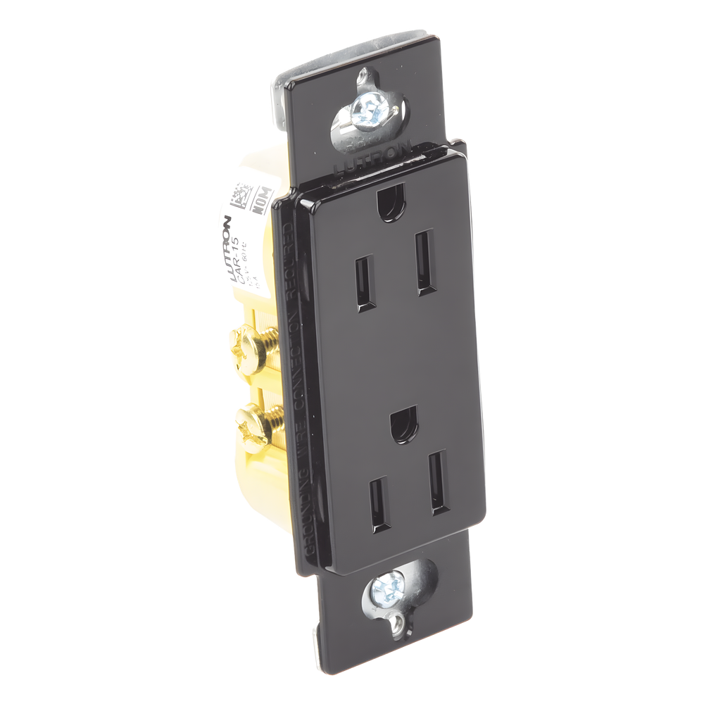 Tomacorriente dúplex de 15 A y 125 V, color negro brillante, familia Claro, apertura estilo Designer para placas de pared Lutron sin tornillos (placa