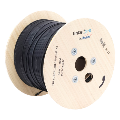 Carrete de 1 km de Fibra Óptica Aérea Mini Figura 8 G.657A2 Tipo Drop, Monomodo de 2 Hilos (Bifibra), Diseñada para Fusionarse, Color Negro, Span 80
