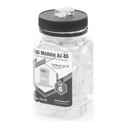 Bote con 100 Piezas de Plug Modular RJ45 Cat6 sin Blindaje, Chapado de Oro a 30 Micras para Durabilidad Extrema