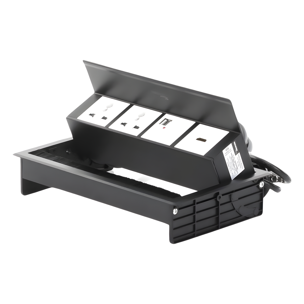 Caja Horizontal Tipo Hub para Escritorio Color Negro, con 1 Puerto HDMI Hembra-Hembra, 1 Puerto RJ45 Cat6, 2 Puertos USB (Solo Carga), y 2 Contactos