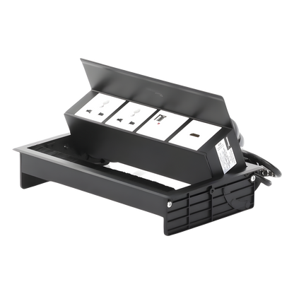 Caja Horizontal Tipo Hub para Escritorio Color Negro, con 1 Puerto HDMI Hembra-Hembra, 1 Puerto RJ45 Cat6, 2 Puertos USB (Solo Carga), y 2 Contactos