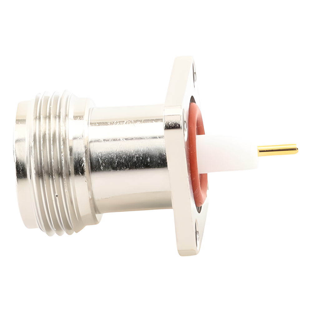 Conector N Hembra de Montaje de Panel con 4 perforaciones a 12.7 mm, soldable