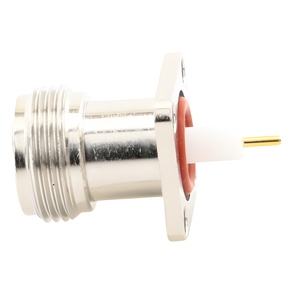 Conector N Hembra de Montaje de Panel con 4 perforaciones a 12.7 mm, soldable