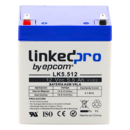 Batería de respaldo 12 V | 5.5 Ah | AGM | Especial para Seguridad Electrónica | UPS | Sistemas de Emergencia | Vida útil 5 años | Terminales F1 +