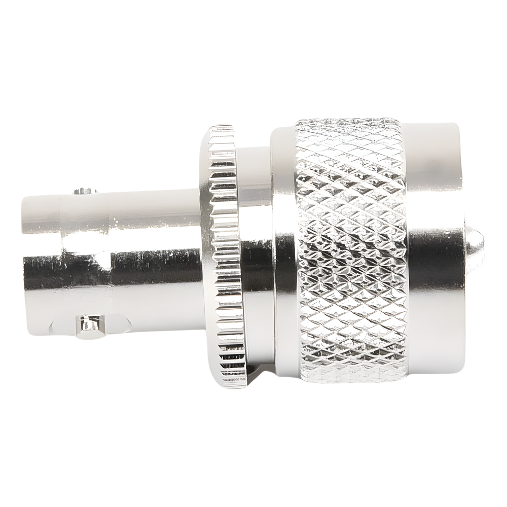 Adaptador en Línea para 50 Ohm, Conector BNC Hembra-UHF Macho (PL-259), Níquel/ Plata/ Delrin