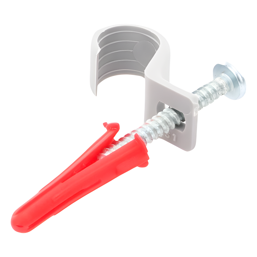 Kit de 8 grapas, 8 taquetes y 8 tornillos para sujetar conductores redondos o tubo en muro (para tubo de 1/2) (2104-07240)