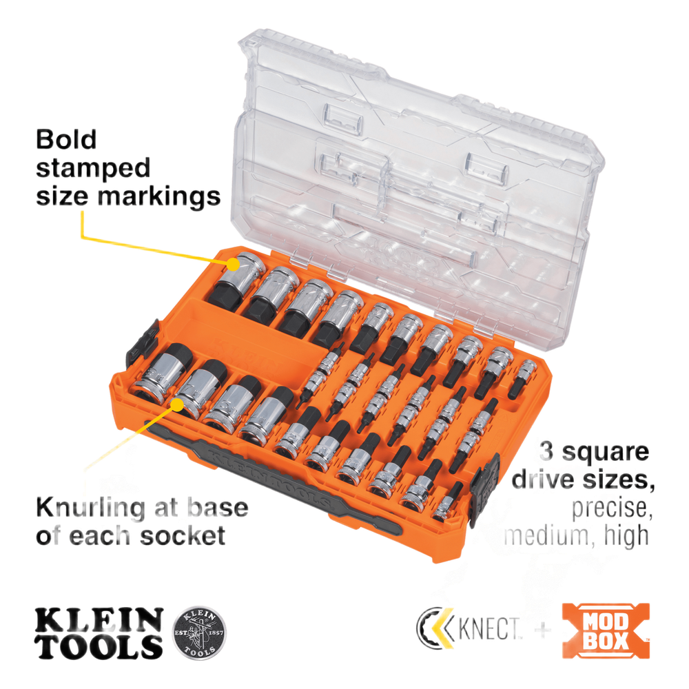 Juego de Dados Moleteados / SAE-Métrico-Hex-Torx® / 32 Piezas / Acabado Moleteado para Mejor Agarre / Marcado en Relieve / Incluye Llaves Cuadradas