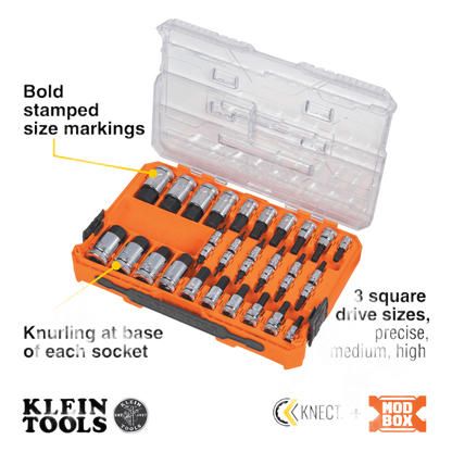 Juego de Dados Moleteados / SAE-Métrico-Hex-Torx® / 32 Piezas / Acabado Moleteado para Mejor Agarre / Marcado en Relieve / Incluye Llaves Cuadradas