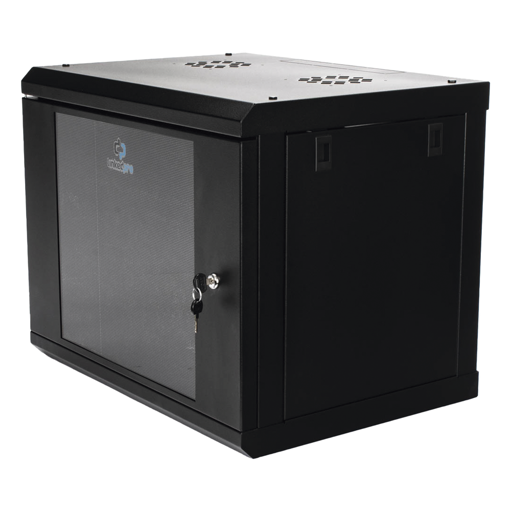 Gabinete de Pared de 9U con Puerta de Cristal Templado, 455 mm de Profundidad, Rack de 19'', Acero Reforzado Color Negro.