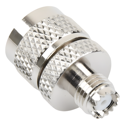 Adaptador en Línea de Conector Mini UHF Hembra a UHF Macho (PL-259), Níquel/ Oro/ Teflón