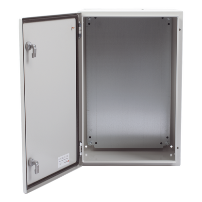 Gabinete de Acero IP66 Uso en Intemperie (400 x 600 x 250 mm) con Placa Trasera Interior Metálica y Compuerta Inferior Atornillable (Incluye Chapa y