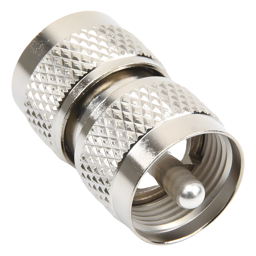 Adaptador RF Barril en Línea / Conector UHF Macho (PL-259) a UHF Macho (PL-259) / Cuerpo Bronce Níquel / Contacto Plata / Aislante Teflón