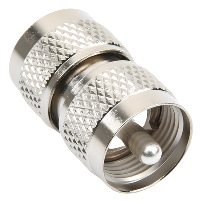 Adaptador RF Barril en Línea / Conector UHF Macho (PL-259) a UHF Macho (PL-259) / Cuerpo Bronce Níquel / Contacto Plata / Aislante Teflón