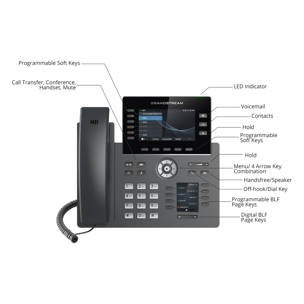 Teléfono IP Wi-Fi, Grado Operador, 6 líneas SIP con 6 cuentas, pantalla a color 4.3", puertos Gigabit, Bluetooth, PoE, codec Opus, IPV4/IPV6 con