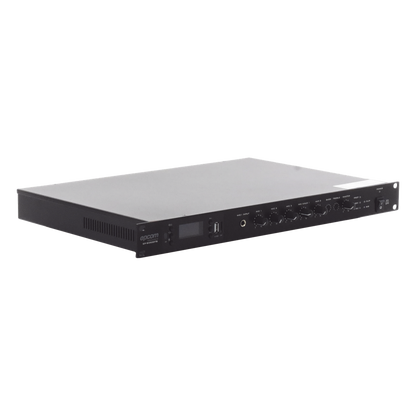 Amplificador de Audio | 1 canal | 350 W | Sistema 100V y Baja Impedancia | 4 Entradas de Micrófono Balanceadas | Bluetooth | USB | SD | FM | Montaje