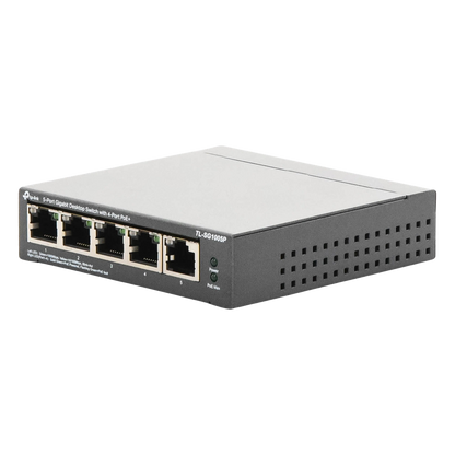 Switch Escritorio No Administrable de 5 puertos 10/100/1000 Mbps / Con 4 puertos PoE 802.3af/at de hasta 65 W / PoE Extendido hasta 250 metros