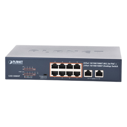 Switch de Escritorio No Administrable / 8 Puertos 10/100/1000T PoE+ 802.3at / 2 Puertos Uplink 10/100/1000T / Presupuesto PoE 120 Watts / Modos