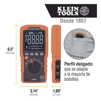 Multímetro Digital Esbelto de Rango Automático con TRMS 600V y Medición de Temperatura