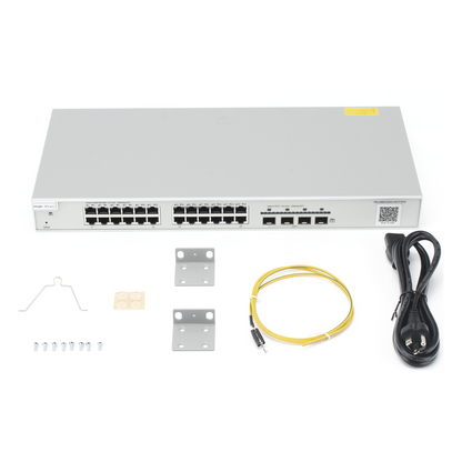 Switch Administrable Capa 2+ Plus, con 24 puertos Gigabit, 4 puertos SFP+ para fibra 10Gb, gestión gratuita desde la nube.