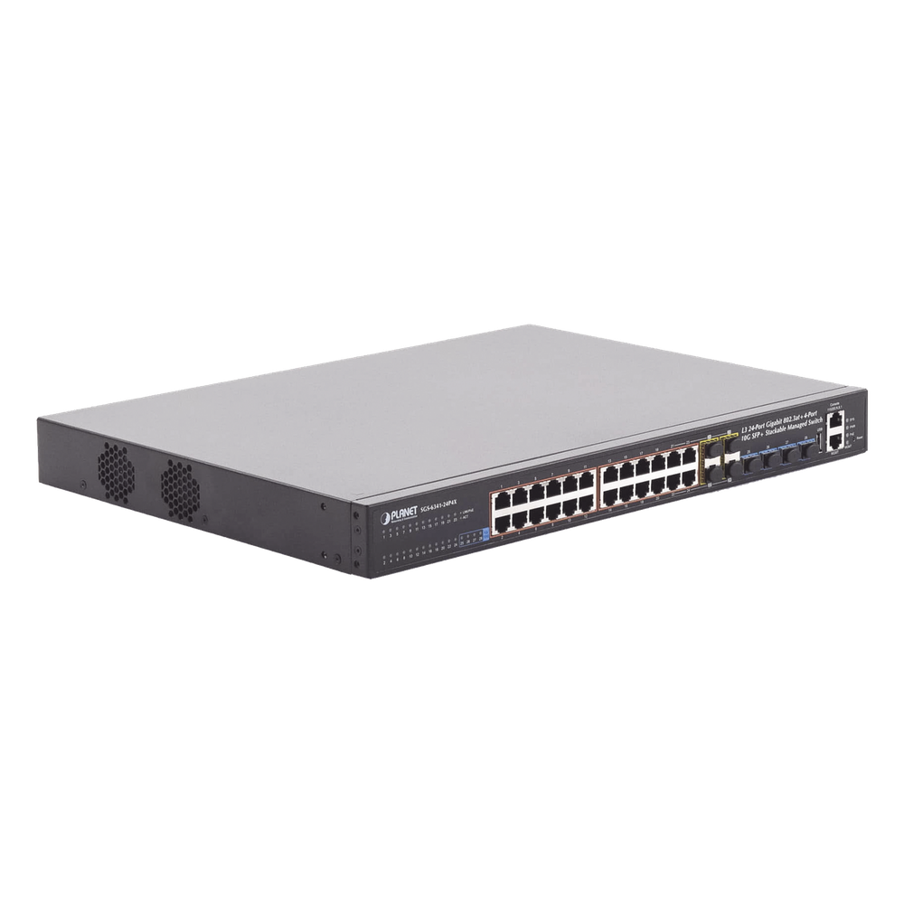 Switch Administrable Stacking Capa 3, 24 Puertos PoE 802.3af/at 10/100/1000T, Hasta 370 W, 4 Puertos 10G SFP+