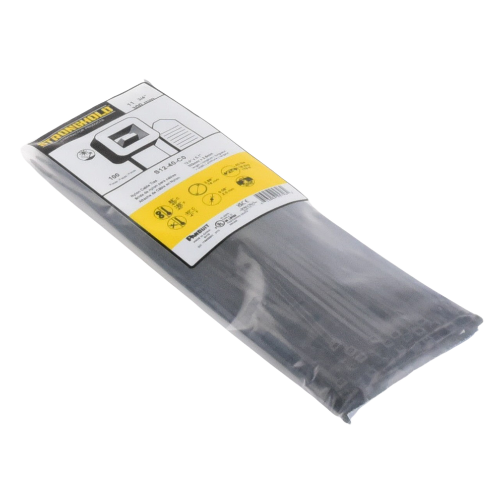 Cincho de Nylon 6.6 StrongHold™, 300mm largo x 3.6mm ancho, Color Negro, Exterior Resistente a Rayos UV, Paquete de 100pz