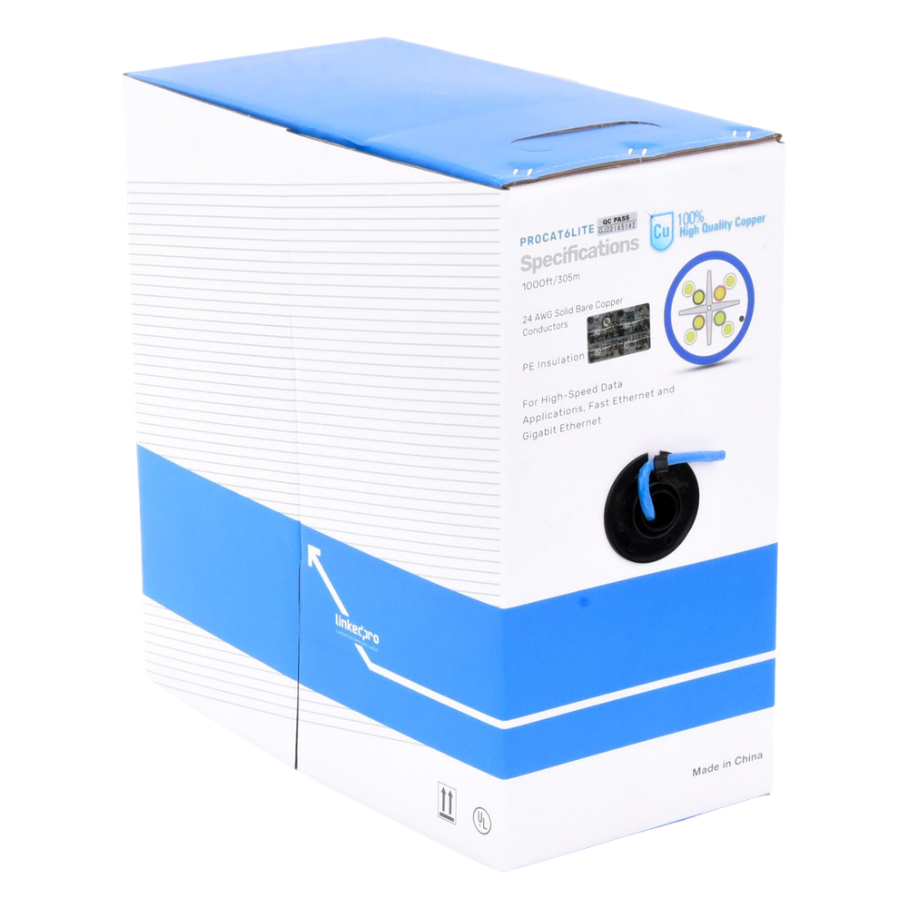 Bobina de Cable de 305 Metros (1000 Pies) Cat6, CM, 24 AWG, Alto Rendimiento, ETL, UL, Color Azul, Super Flexible, para Aplicaciones de