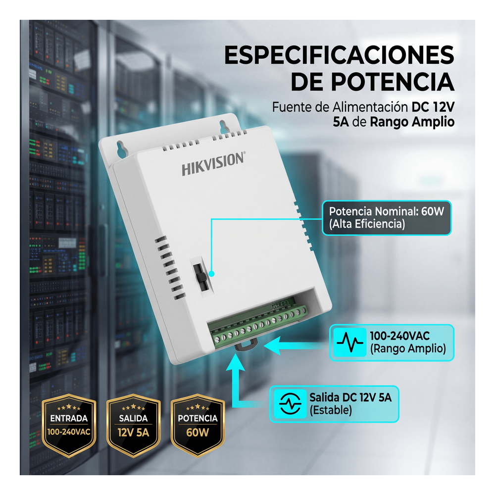 Fuente de Poder Regulada 12 Vcc / 13.5 Vcc / 15 Vcc para 8 Cámaras / 8 Amperes (1 Amp por Salida) / Voltaje de Entrada 90 - 130 VCA / Filtro de Ruido
